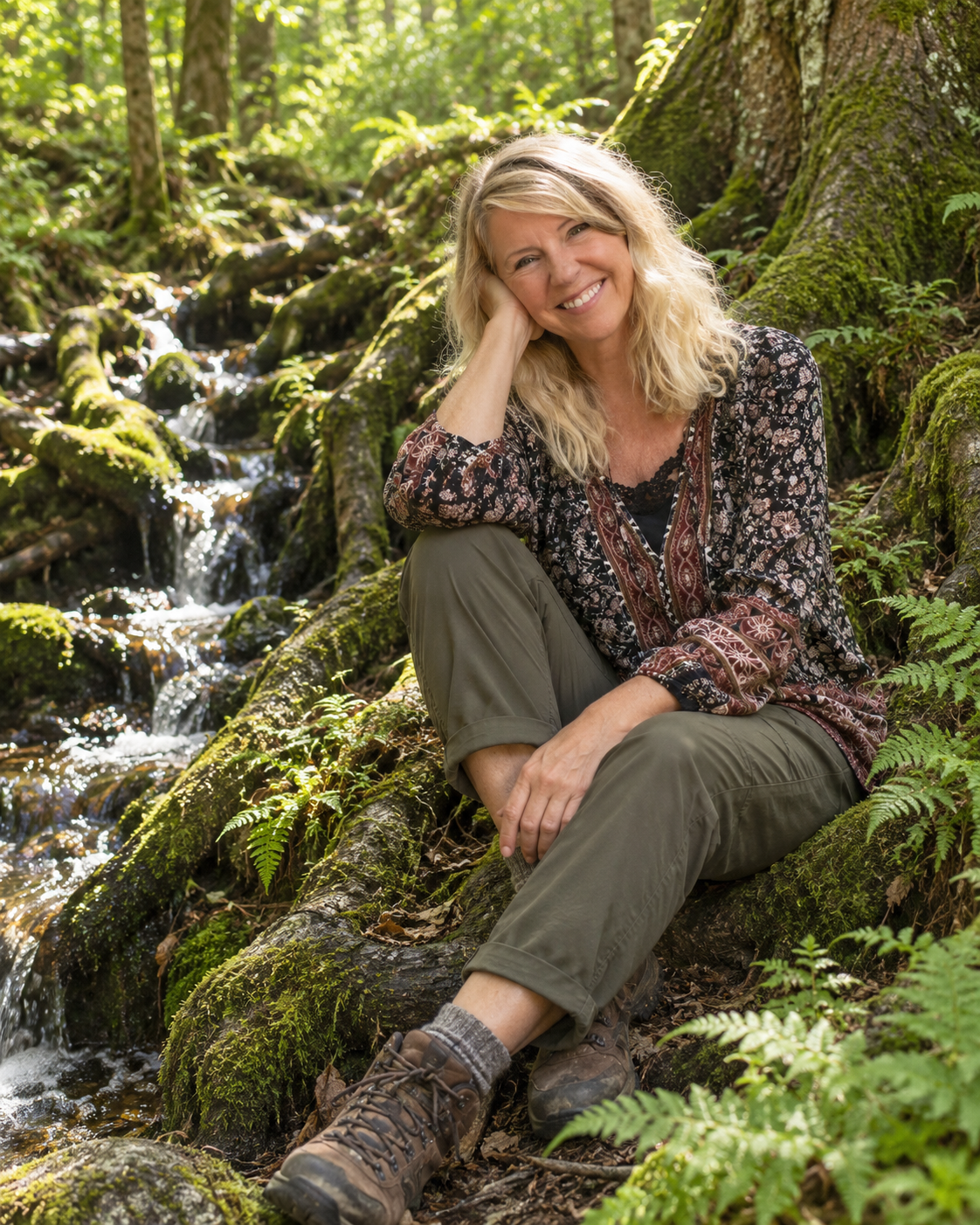 J Renee sitting beside a mossy forest stream