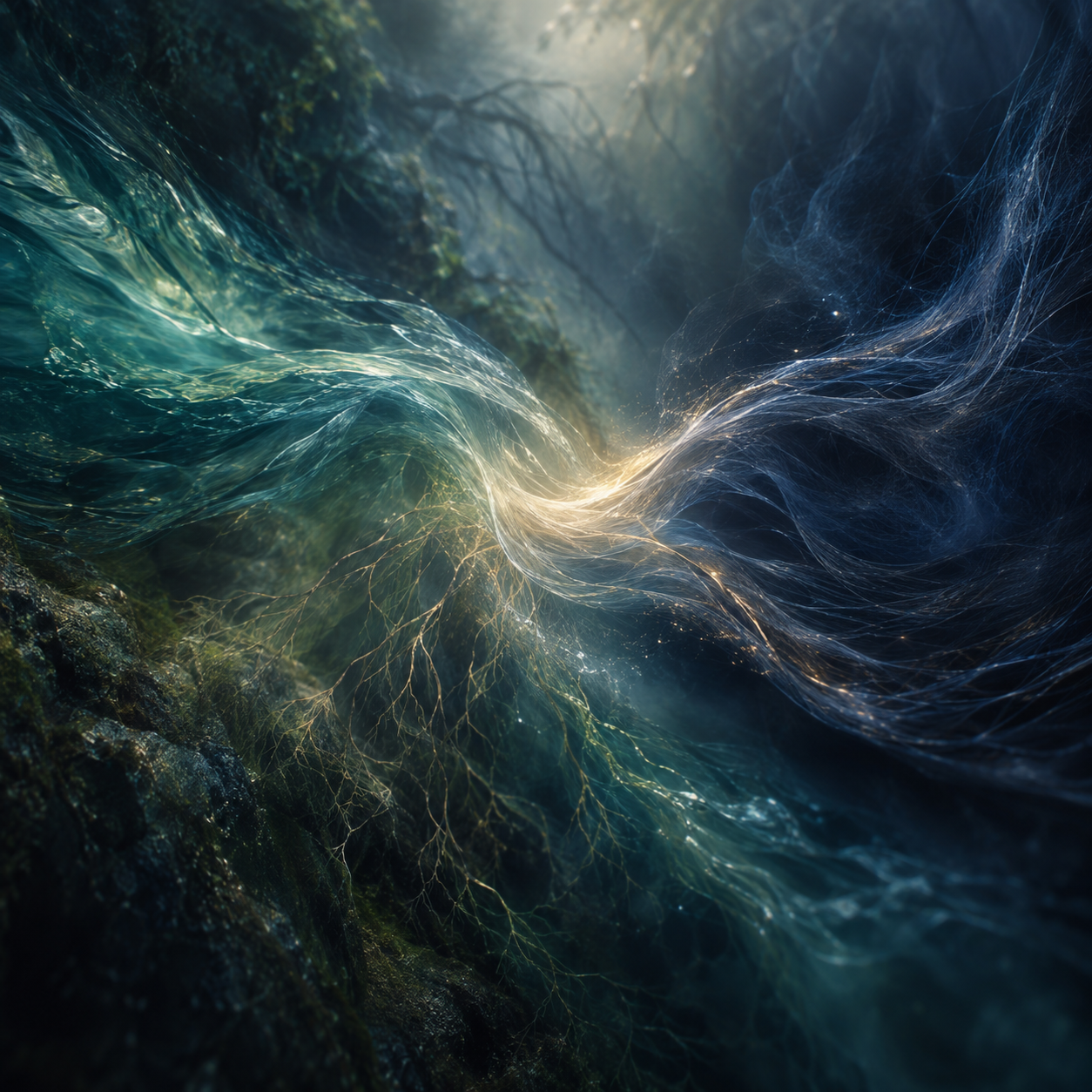 Filaments of gold and blue-green light braiding through dark water and stone